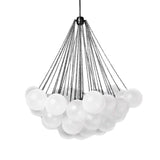 The Orb 37 Light Cluster Suspension - Black features numerous frosted white glass spheres artfully arranged in a cluster and suspended by black cords from a central fixture, creating a striking display against a clean white background.