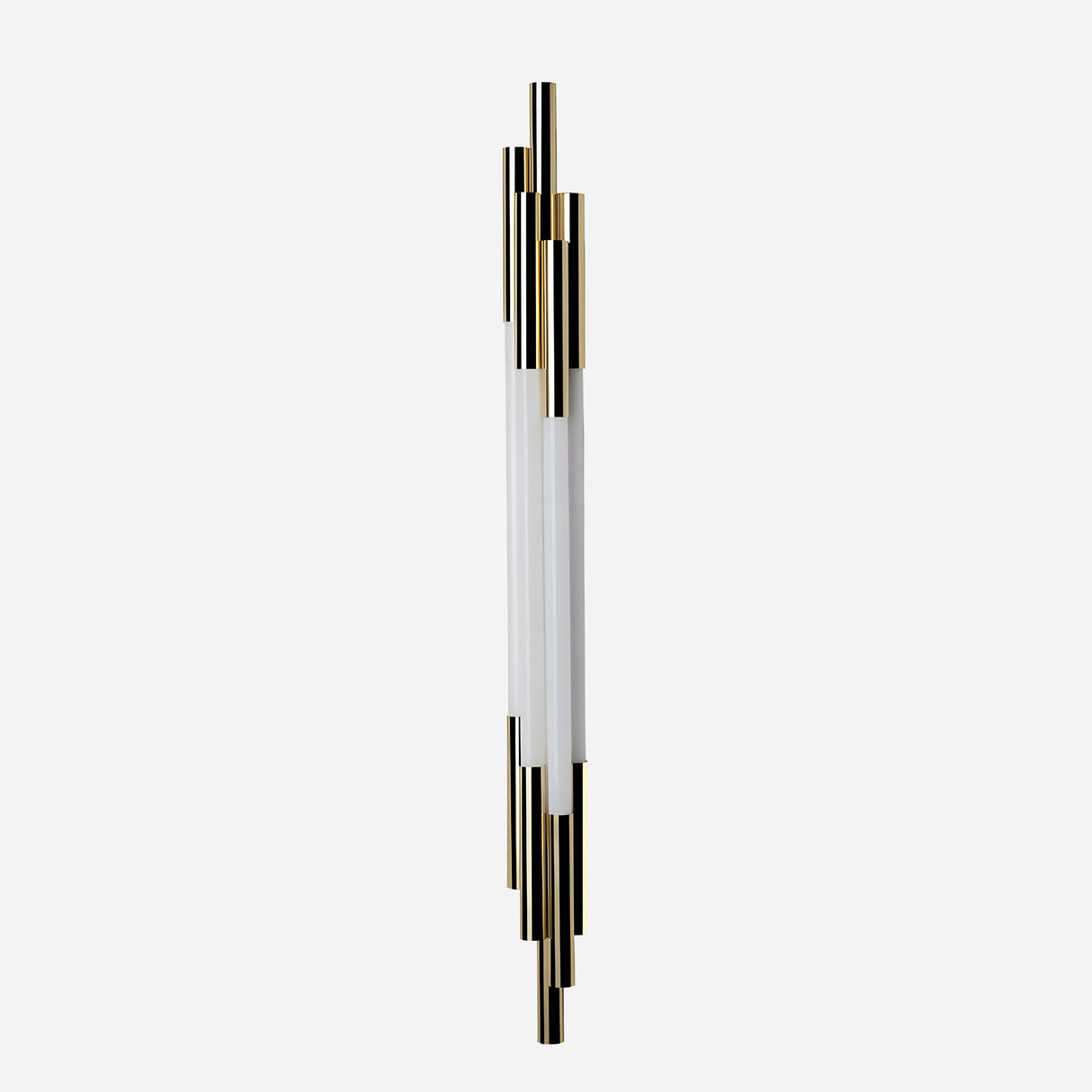 The Org LED Wall Light - Gold & White features a series of alternating cylindrical rods in gold and white, offering a sleek and contemporary design. This energy-efficient LED wall light stands out against a plain white background, highlighting its elegant aesthetic.