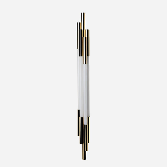The Org LED Wall Light - Gold & White features a series of alternating cylindrical rods in gold and white, offering a sleek and contemporary design. This energy-efficient LED wall light stands out against a plain white background, highlighting its elegant aesthetic.