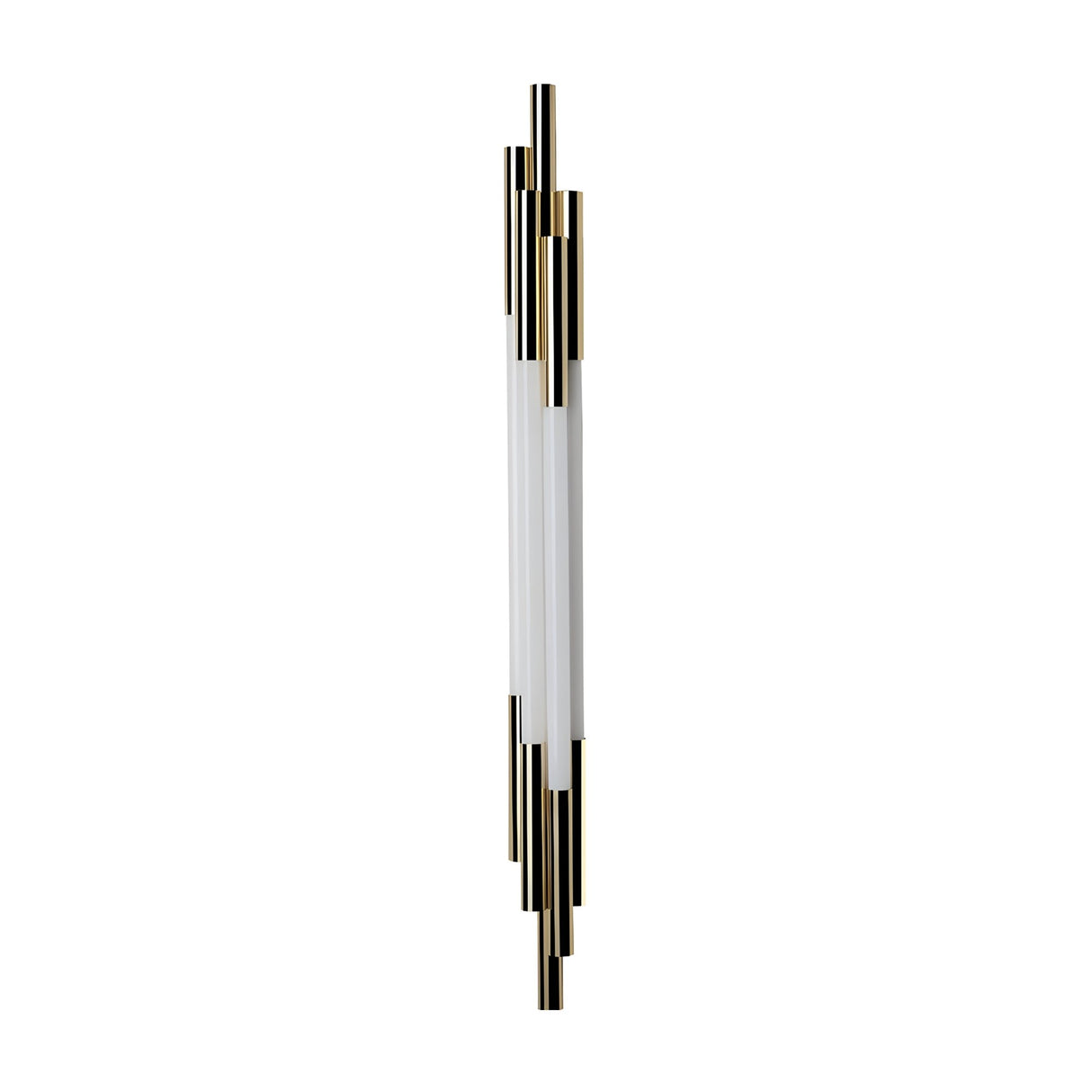 The Org LED Wall Light in Gold & White features a central white LED tube, highlighted by alternating short and long gold and black cylinders, providing modern accent lighting on a white background.