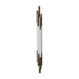 The Org LED Wall Light in Gold & White features a central white LED tube, highlighted by alternating short and long gold and black cylinders, providing modern accent lighting on a white background.