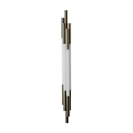 The Org LED Wall Light in Gold & White features a central white LED tube, highlighted by alternating short and long gold and black cylinders, providing modern accent lighting on a white background.