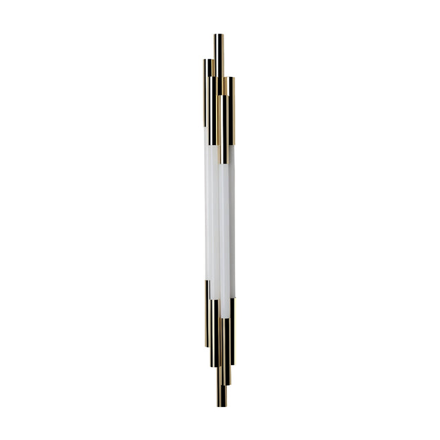 The Org LED Wall Light in Gold & White features a central white LED tube, highlighted by alternating short and long gold and black cylinders, providing modern accent lighting on a white background.