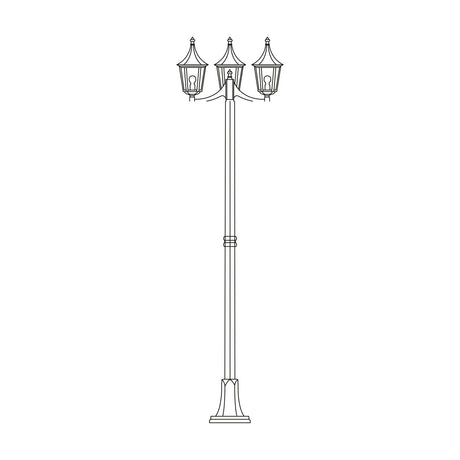 Spire cast aluminium outdoor lamp post, 209cm, with 3 lantern heads with glass panels on a tall column and wide ribbed flanged base, shown on a plain white background.
