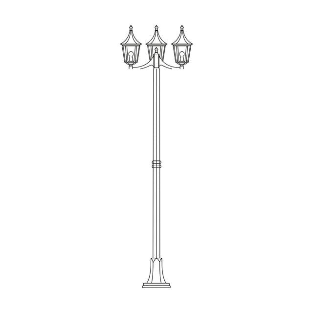 Spire cast aluminium outdoor lamp post, 209cm, with 3 lantern heads with glass panels on a tall column and wide ribbed flanged base, shown on a plain white background.