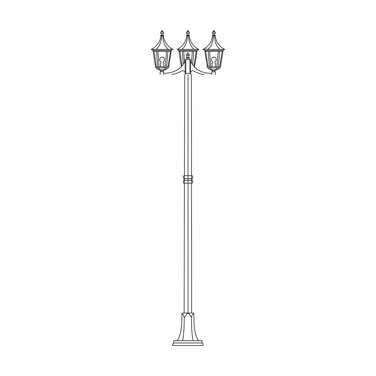 Spire cast aluminium outdoor lamp post, 247cm tall with a slim column on a ribbed flange base, topped by 3 lantern heads with glass panels, shown on a plain white background.