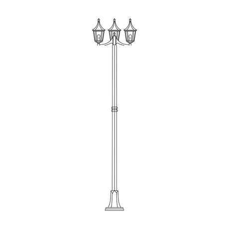 Spire cast aluminium outdoor lamp post, 247cm tall with a slim column on a ribbed flange base, topped by 3 lantern heads with glass panels, shown on a plain white background.