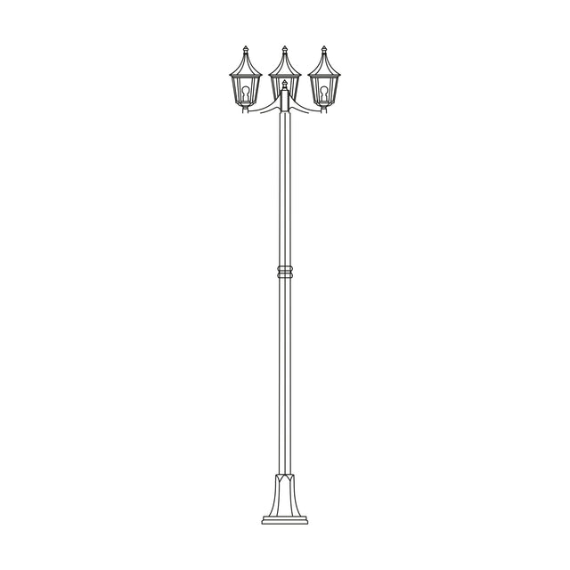 Spire cast aluminium outdoor lamp post, 247cm tall with a slim column on a ribbed flange base, topped by 3 lantern heads with glass panels, shown on a plain white background.
