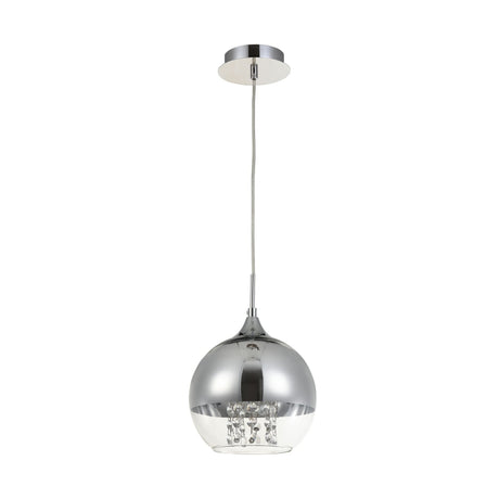 The Fermi Small Dome Pendant Light in nickel and clear glass features a spherical shade with a minimalist design. Its partially transparent bottom reveals delicate crystal-like accents elegantly suspended from the ceiling.