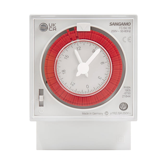 The Panel 24h Analogue Timer With Battery is a square device with a clock face and a red adjustable dial around it. It offers manual override options and displays technical specifications along with branding. Designed for din rail mounting, the timer allows flexible time adjustment marked by numbers.