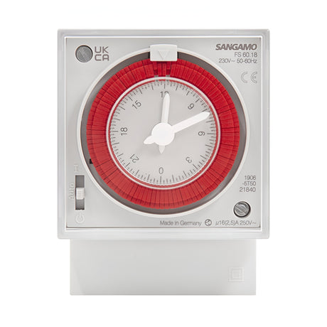 The Panel 24h Analogue Timer Switch is a square mechanical device in white and red, featuring a clock face and dial. It includes a 16A changeover contact, with a red outer ring that has markings, and a central knob for manual adjustments. The label "Sangamo" is displayed at the top, supporting DIN rail mounting with specifications outlined on the face.