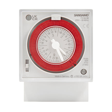 The Panel 7 Day Timer Switch With Battery has a red circular dial with a white hand on a white background. It features 16A changeover contact and voltage-free capabilities. Designed for DIN rail mounting, it includes specifications such as voltage and frequency, with a transparent cover displaying certification marks.