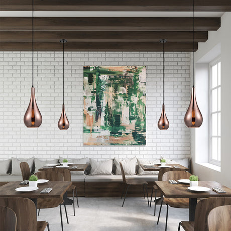 Droplet pendant light in copper finish, shown in a room setting