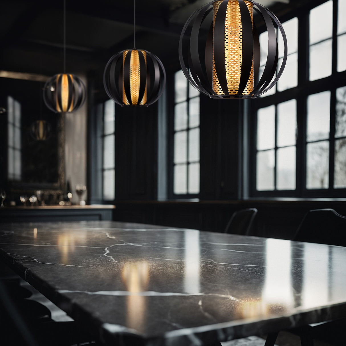 Flare ceiling light in black and gold finish, shown in a room setting