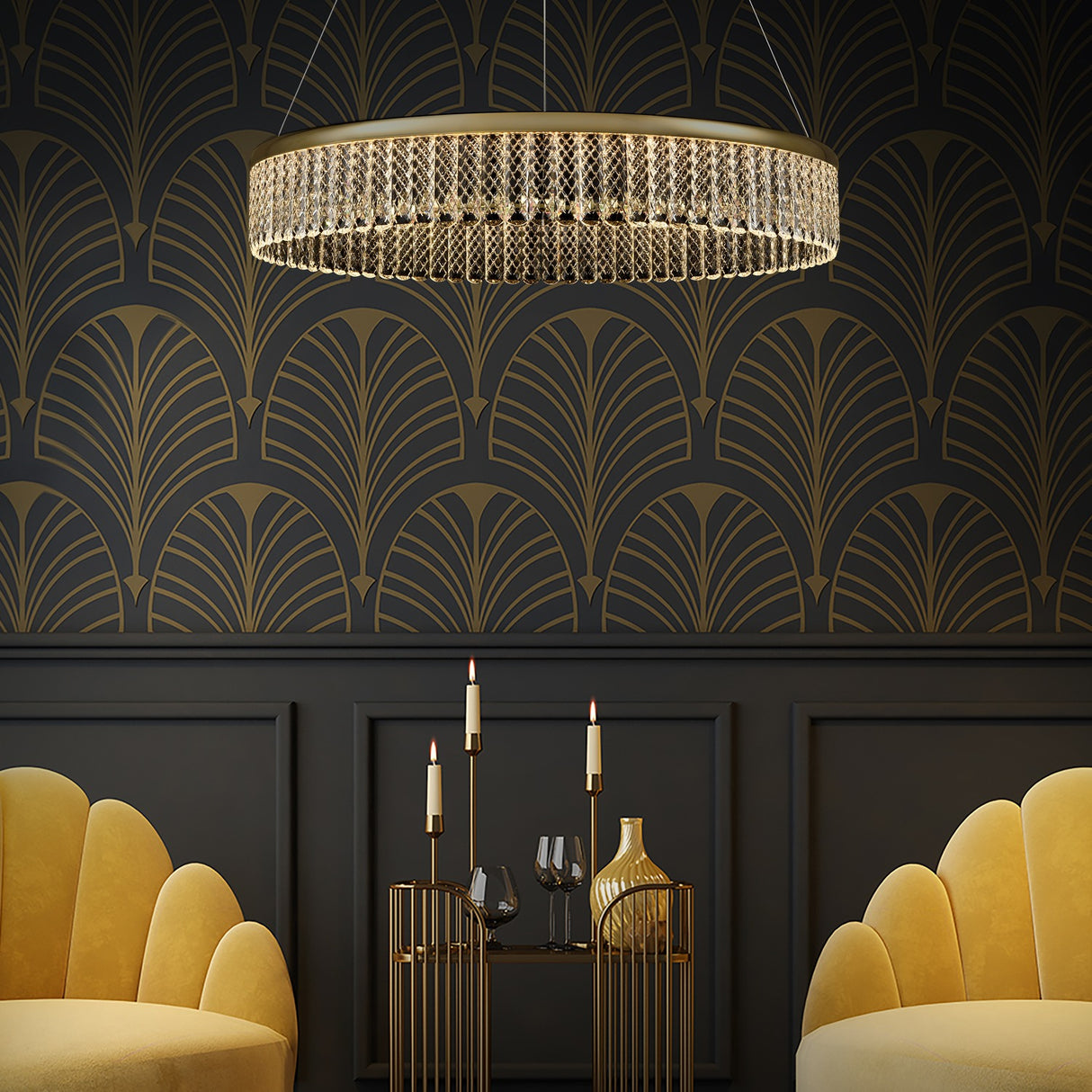 Victoria chandelier in gold finish, shown in a room setting