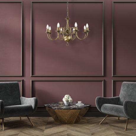 Halle 8 light chandelier in bronze finish, shown in a room setting