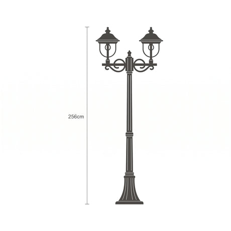 Volute 2-light outdoor lamp post, 256cm black cast column with scrolled brackets, copper-top lantern heads and flange plate base, shown on a plain white background.