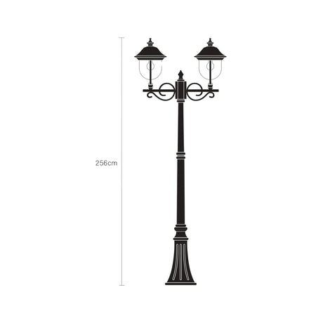 Volute Outdoor 2 Light Lamp Post, 256cm black aluminium column with cast plinth base and twin lantern heads with scrolled brackets, shown against a plain white background.