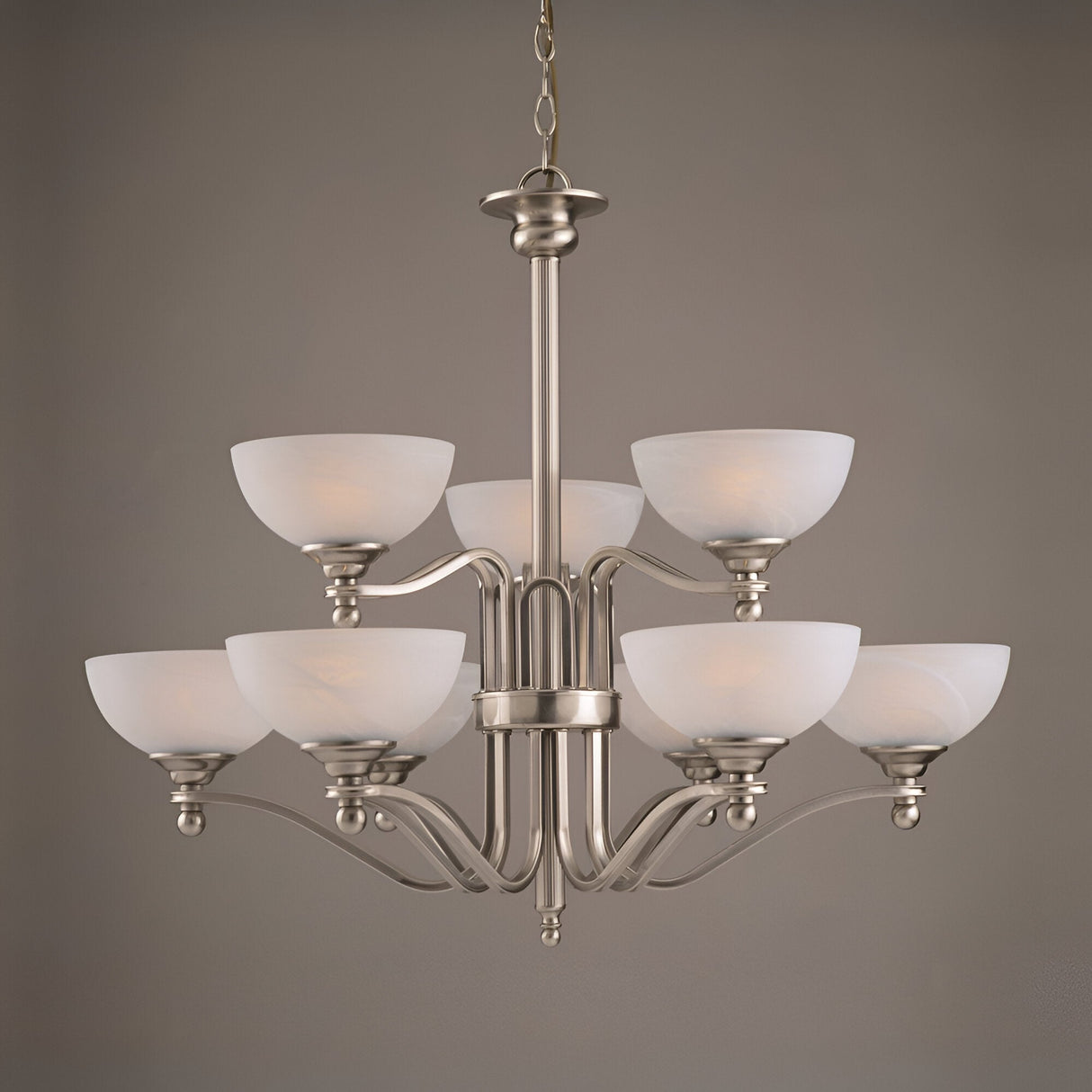 Dexlan 9 Light Chandelier - Satin Nickel & White Alabaster