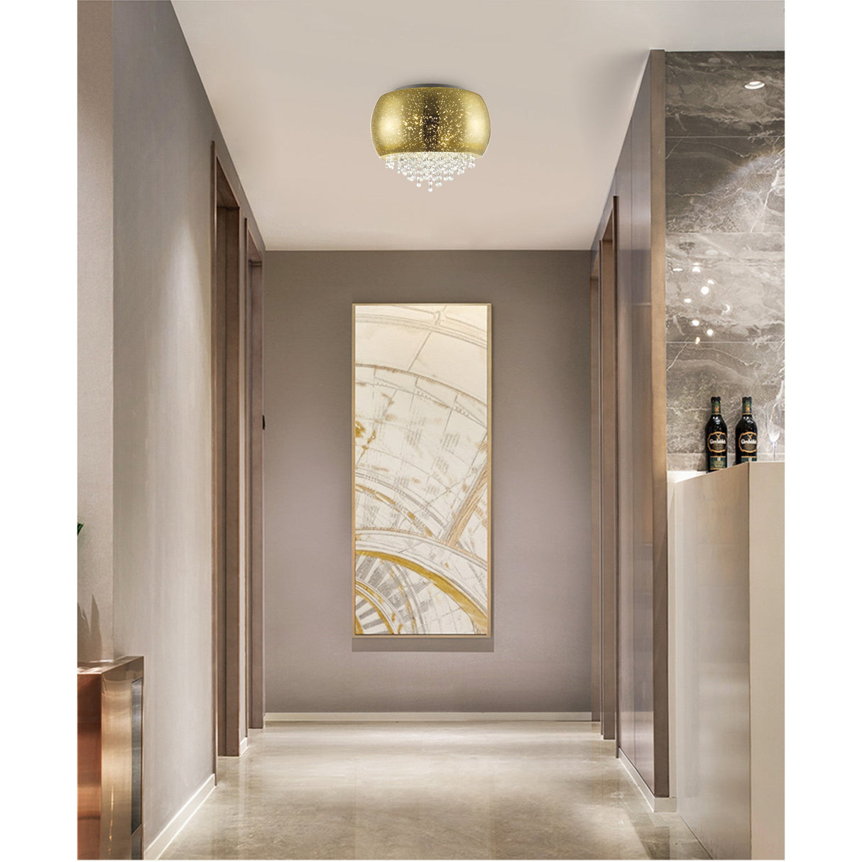 Lunara 3 Light Crystal Flush Light - Gold