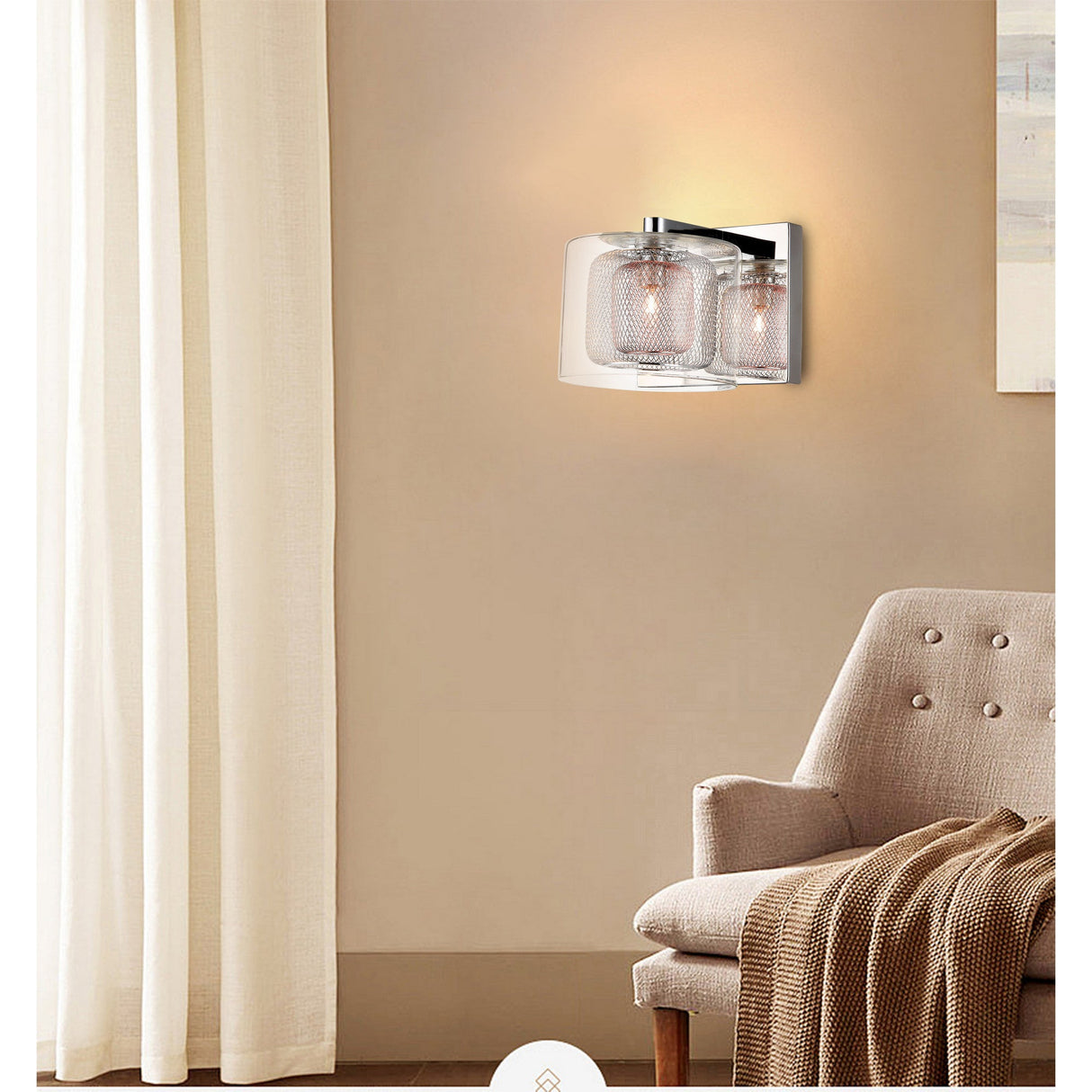 Laurin 1 Light Glass & Copper Mesh Wall Light - Chrome