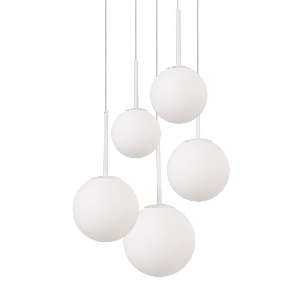 Alternate view of the Basic form 5 Light Cluster Pendant in white, highlighting its modern cluster design.