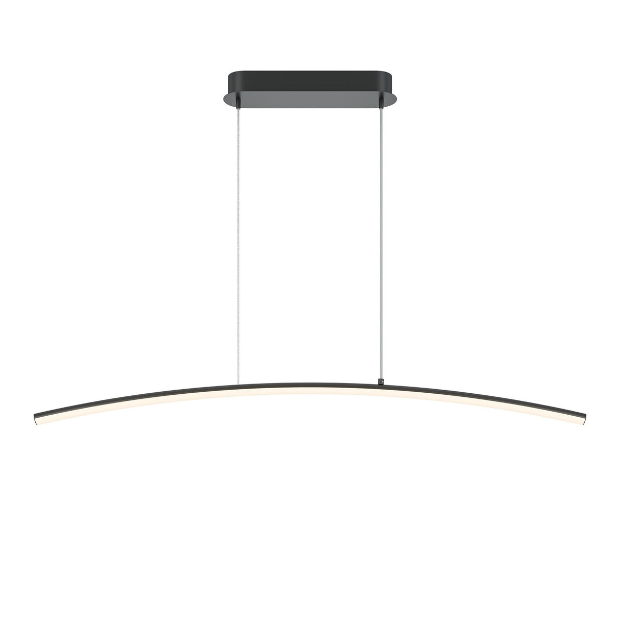 The Light Reflection LED Dimmable Linear Suspension Light in black features a minimalist, curved design with a rectangular ceiling mount and two suspension wires. Its adjustable color temperature (3000-4000K) makes it ideal for stylish, modern interiors.
