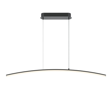 The Light Reflection LED Dimmable Linear Suspension Light in black features a minimalist, curved design with a rectangular ceiling mount and two suspension wires. Its adjustable color temperature (3000-4000K) makes it ideal for stylish, modern interiors.