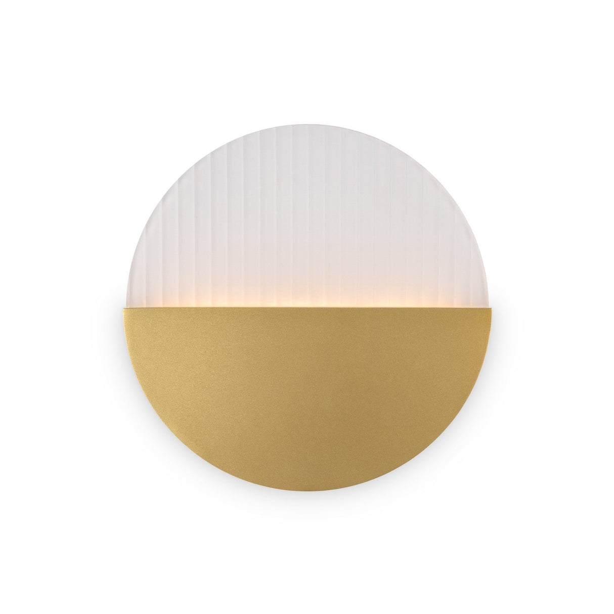 Introducing the Jupiter LED Wall Light 6W 3000K in brass and white, featuring a circular design with frosted glass on top for ambient lighting and a matte brass finish below. Its minimalist half-moon look is ideal for modern decor.