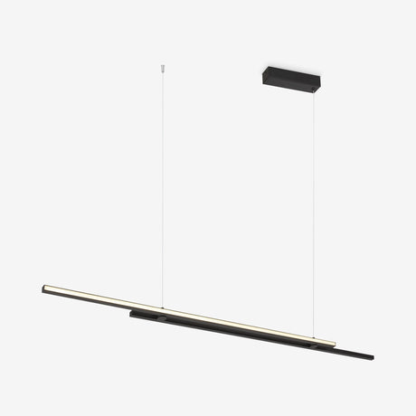 The Halo Dimmable LED Extra Long Linear Suspension Light 3000-4000K - Black features a minimalist pendant design with a slim horizontal bar. Hanging from thin cords and a rectangular ceiling mount, it offers energy-efficient tech and adjustable color temperature for modern sophistication.