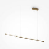 The Halo Dimmable LED Extra Long Linear Suspension Light in brass features a minimalist design, adjustable lighting from 2600-3500K, and sleek horizontal lines. It is suspended by two thin wires from a rectangular ceiling mount against a plain white background.