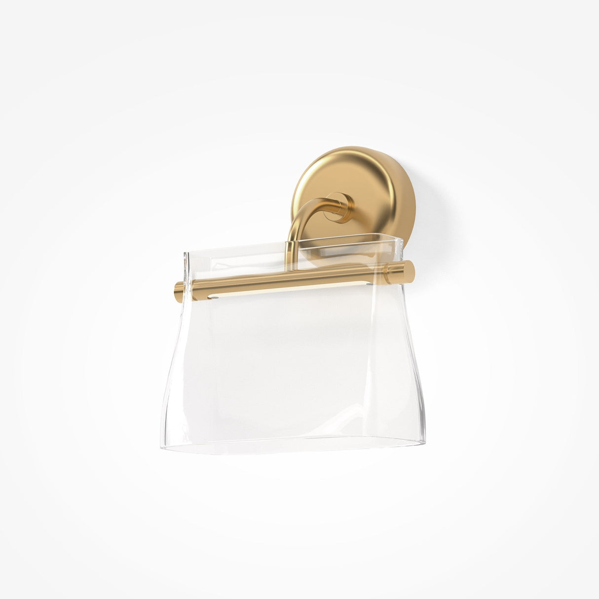 A transparent handbag hangs elegantly from a brass wall hook. The bags minimalistic design complements the Cabaret LED Curved Wall Light, which features a round base and smooth, polished finish, adding sophistication to the plain white background.