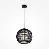 The Cane Pendant Light 30cm showcases a modern natural design with a spherical black wicker shade and white glass diffuser. An adjustable wire suspends it, while the bulbs soft glow through the intricate weave adds elegance to any room.