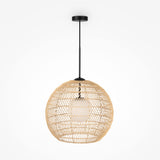 The Cane Pendant Light 40cm features a black and beige wicker shade with a white glass diffuser, hanging from an adjustable wire and black mount, offering a minimalist and modern aesthetic.
