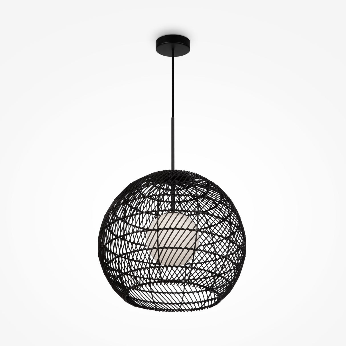 The Cane Pendant Light 40cm features a spherical black wicker structure with a woven lattice design and a white glass diffuser inside, offering a modern, stylish appearance with an organic touch.