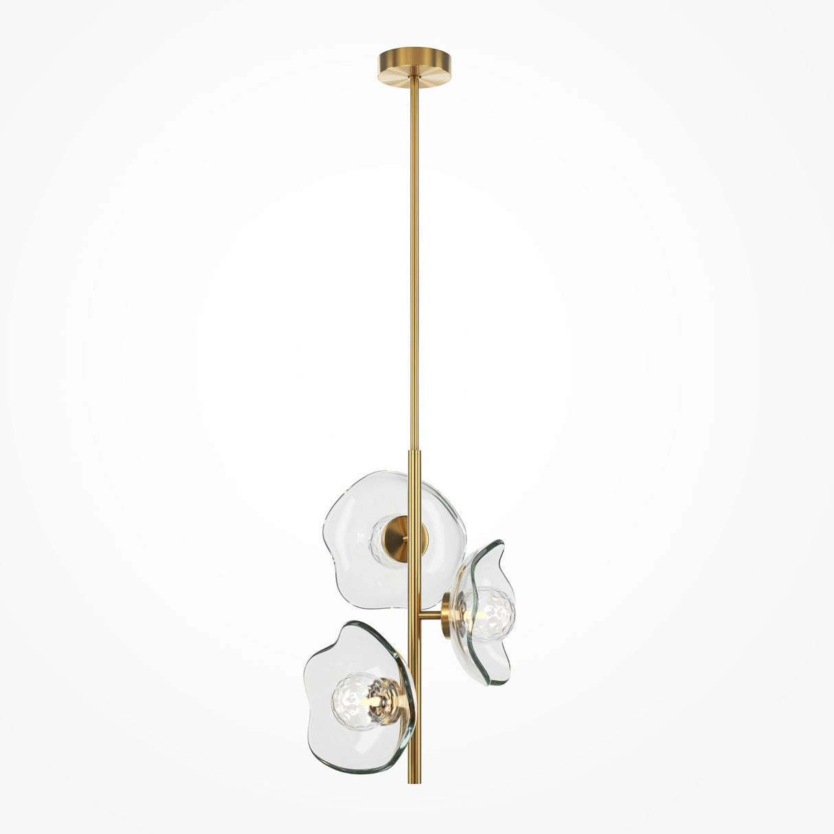 The Miracle 3 Light Pendant features a sleek brass rod with three flower-shaped clear glass shades encasing bulbs, combining elegant contemporary design with Art Deco influences through its gold accents.