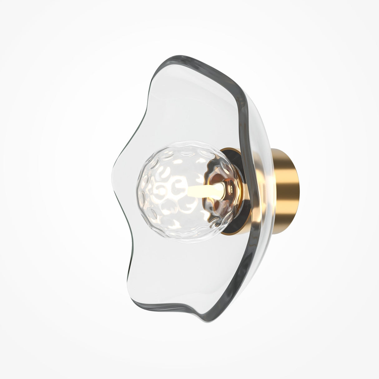 The Miracle Single Wall Light in brass features a cast glass shade shaped like a flower, encasing a textured spherical bulb. This design elegantly blends Art Deco influences with contemporary style, creating a timeless and stylish lighting fixture.