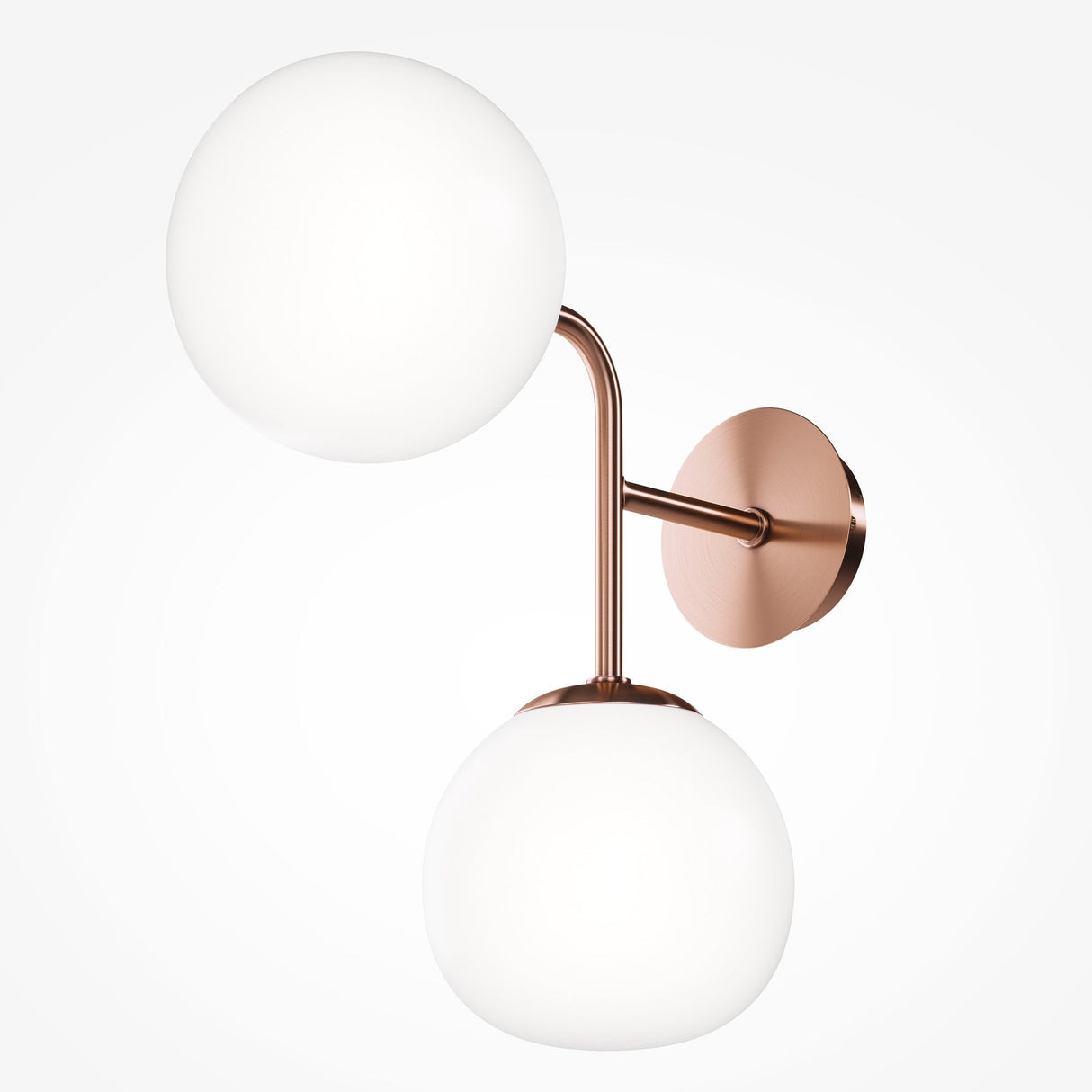 The Erich 2 Light Wall Light features an asymmetrical design with two round white glass globes. This modern fixture has a sleek brass finish and a circular base for wall attachment.