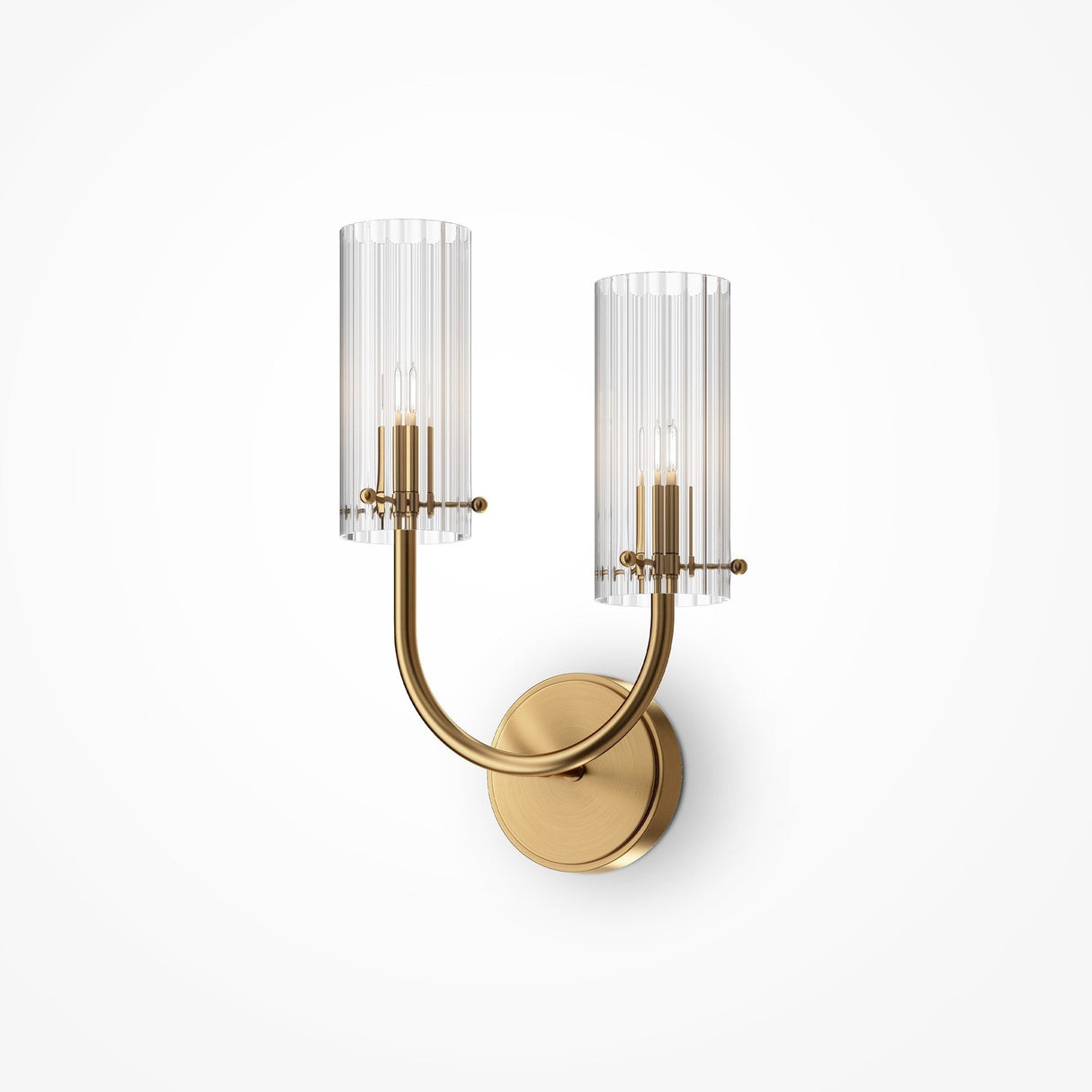 The Arco 2 Light Wall Light - Brass With Ribbed Glass (MOD223WL-02BS) features a gold-finished, wall-mounted base with two curved arms in a Mid-Century Modern style. Each arm holds a clear, ribbed cylindrical glass shade that encases candle-like bulbs for an elegantly balanced design.