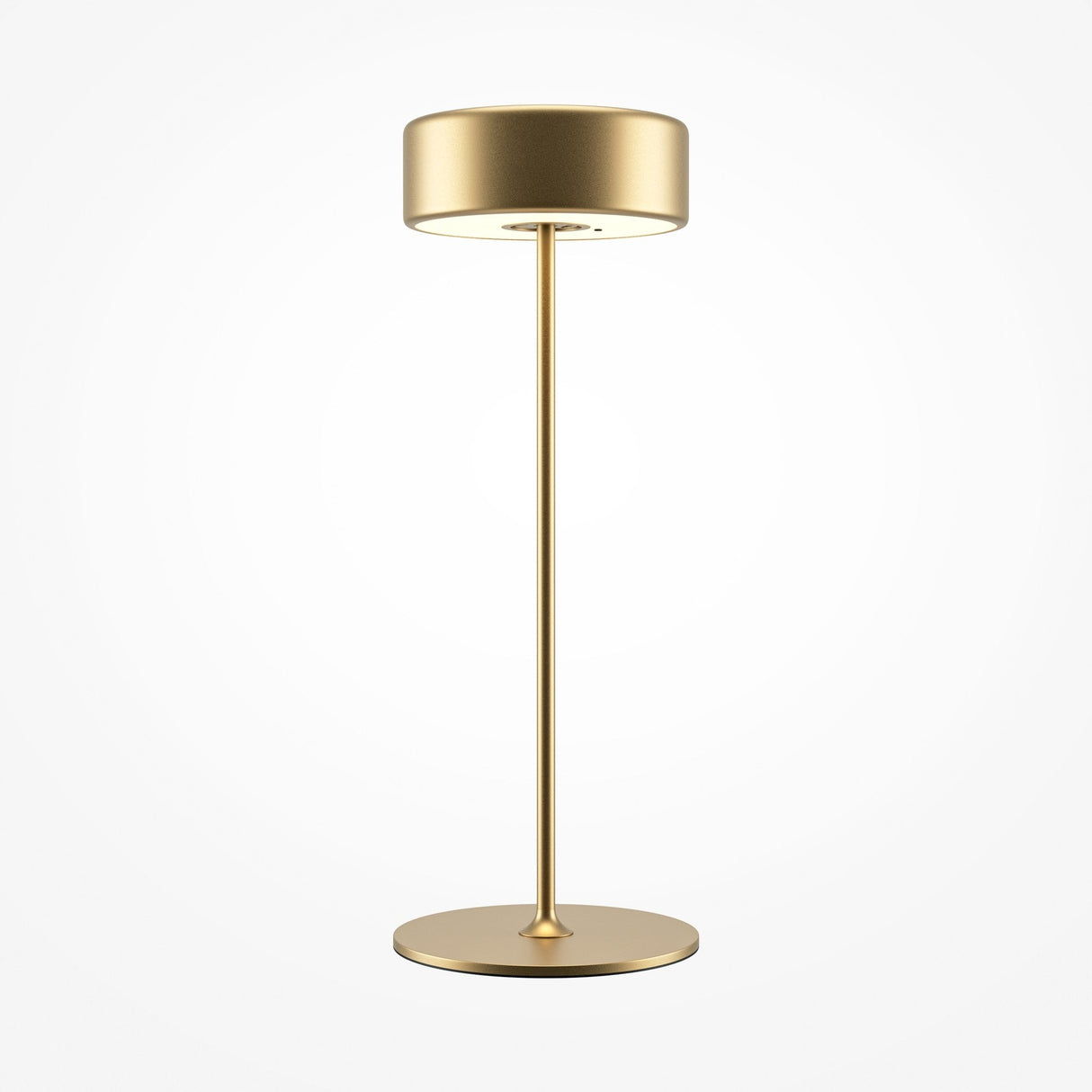 The AI Collaboration Rechargeable LED Table Lamp in gold showcases a modern minimalist design with a cylindrical shade and slender straight stand on a round base against a white background.