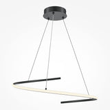 The Curve LED Dimmable Spiral Suspension Light - Black features a sleek curved design with a black circular ceiling mount, supported by four thin cables. Its elongated illuminated strip forms an elegant wave shape, offering adjustable color temperature for the perfect ambiance.