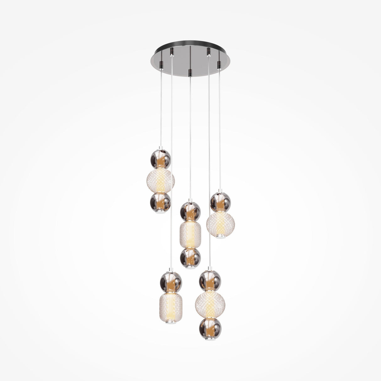 The Drop LED Cluster Pendant Light 80W 3000K - Chrome features eight spherical LED lights hanging at varying lengths from a circular base, combining chrome and textured glass to emit an energy-efficient, soft warm glow.