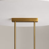 Close-up of the Miracle 5 Light Linear Suspension Light showcasing its minimalist design with brass-finished rods extending from a rectangular base and smooth cast glass shades, all set against a light gray background.