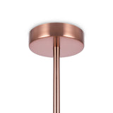 Close-up of the Erich 3 Light Suspension featuring a brass finish. The round base mounts to the ceiling, with an adjustable-height rod from the center, highlighting its white glass dome shades.