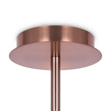 Close-up of a sleek, copper-hued cylindrical ceiling mount with a matching rod extending downward. Its brushed metal surface embodies modern artistry and sophistication, mirroring the elegant design of the Erich 10 Light Semi-Flush - Brass With White Glass.
