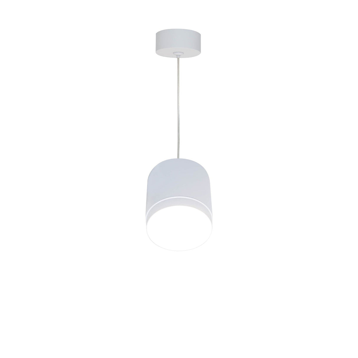 The Polar Short Round Pendant Light - White, ideal for modern interiors, hangs by a thin cord. Its cylindrical matte shade complements minimalist decor against a plain white background, highlighting the pieces simplicity and elegance in lighting design.