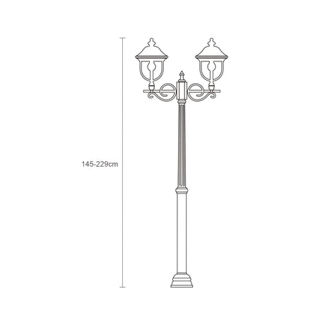 Volute outdoor lamp post with 2 scrolled lanterns and copper-top finish atop a fluted column, adjustable 145-229cm, shown as a technical line drawing on white background.