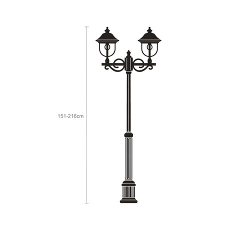 Line illustration of the Volute cast aluminium outdoor lamp post in black, with a fluted column and 2 scrolled lantern heads, height 151-216cm, on a white background.