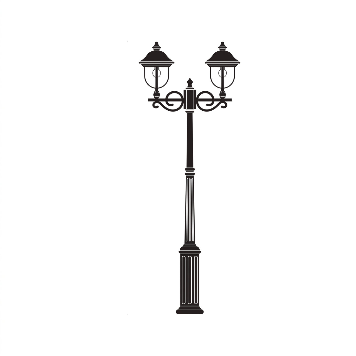 Volute traditional outdoor lamp post in black with a fluted column base, scrolled brackets and two lantern heads with domed copper-effect roofs, shown on a plain white background.