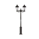 Volute traditional outdoor lamp post in black with a fluted column base, scrolled brackets and two lantern heads with domed copper-effect roofs, shown on a plain white background.